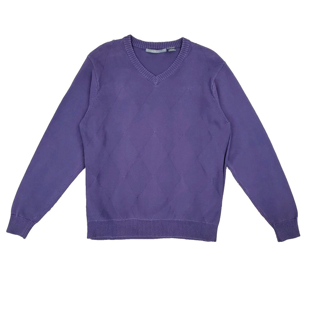 Oscar De La Renta Mens Vneck Sweater L Purple Argyle Preppy Grandpa Dadcore